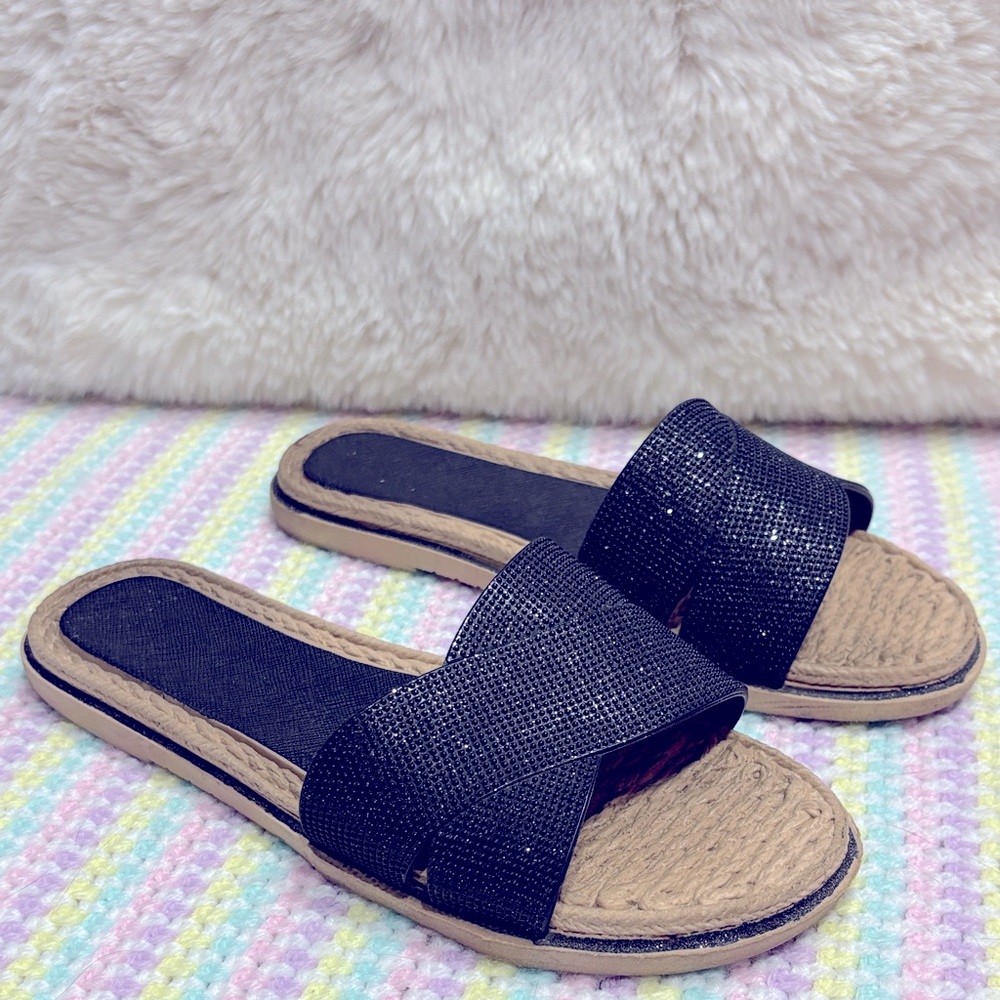 Black & Beige Espadrille Slide Sparkly Summer Sandals Women's Flip-Flops Size 38